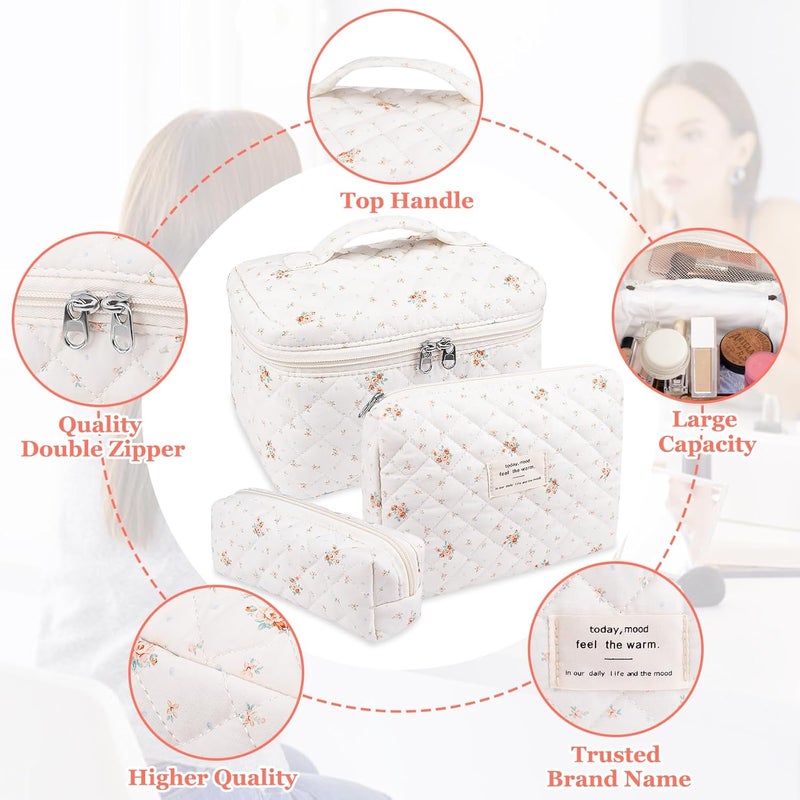 Gosect Makeup Bag Set, Quilted Makeup Bag, Large Floral Cosmetic Bag for Women, Cute Cotton Makeup Bags, Flower Travel Toiletry Organizer Bag (Rose Plaid Pattern) - Image 3